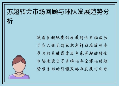 苏超转会市场回顾与球队发展趋势分析